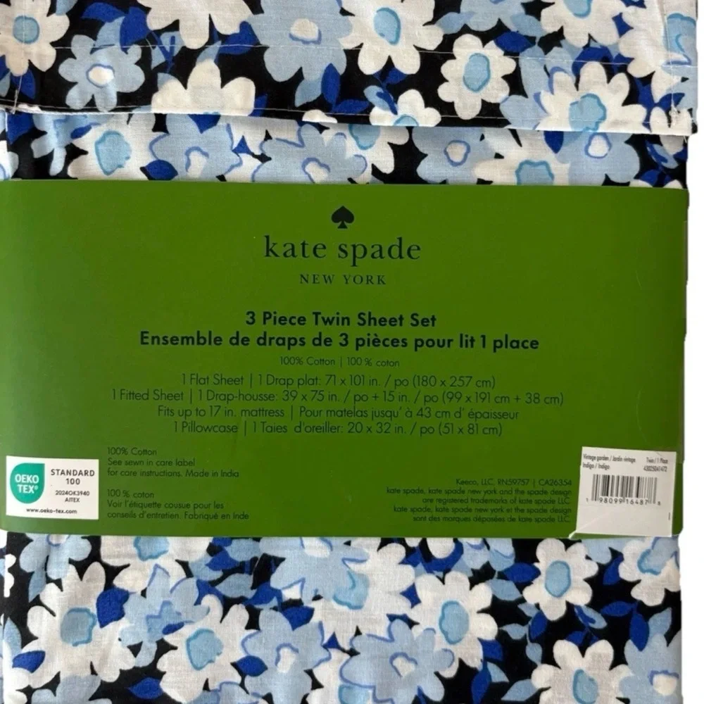Kate Spade Twin Size Sheet set 3 Piece Vintage Garden Blue Floral NWOT